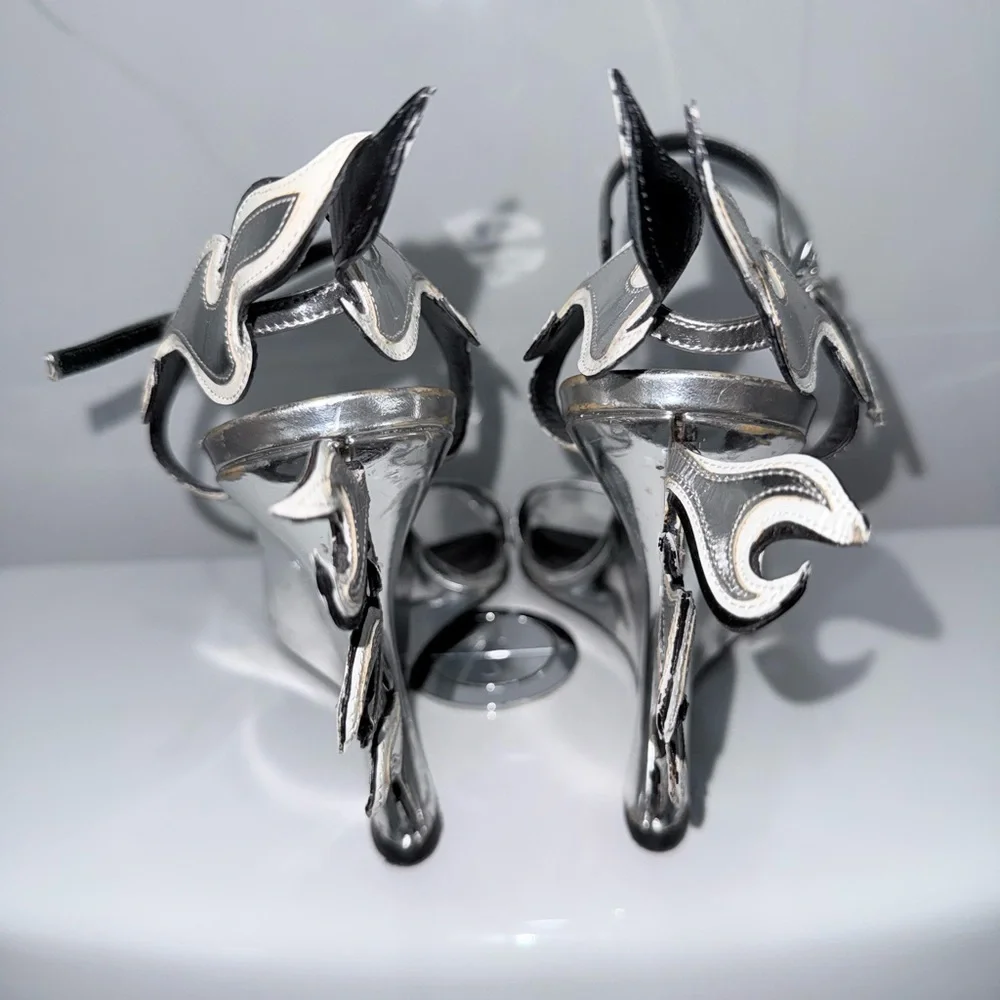 Prada Silver and Black Flame Wedge Sandals Shoes Vintage Y2K 90s Size 39
